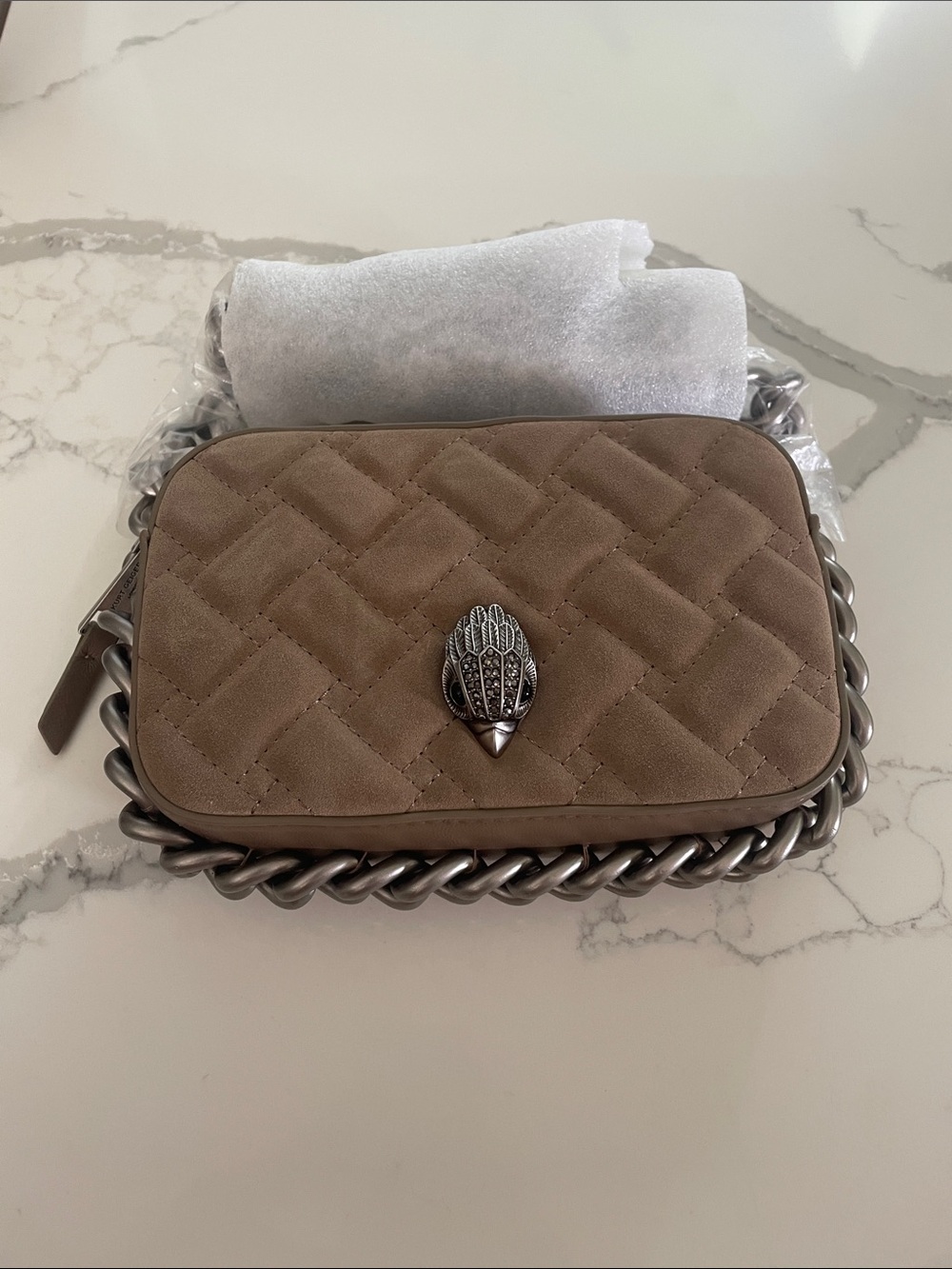 Kurt Geiger Quilted Taupe Suede Crossbody with Chain